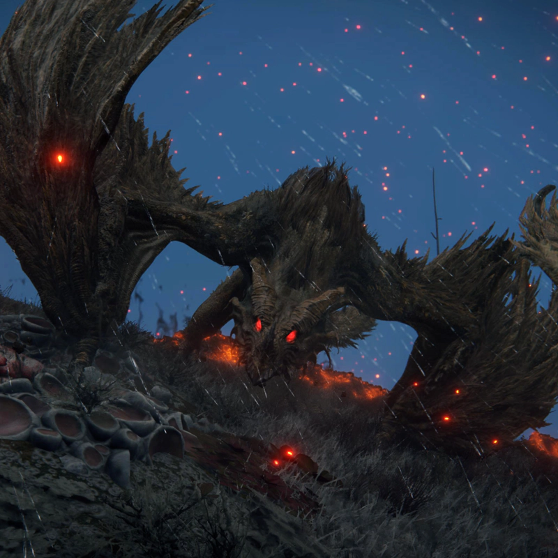 A large grey dragon with glowing red eyes, stalking towards the camera through a flurry of red embers.