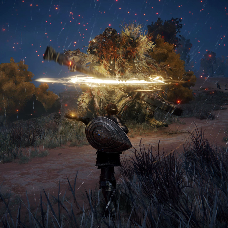 Gille the Confessor, casting an arc of golden light at a rot-stricken Erdtree Avatar, a tree-like entity wielding a heavy club.