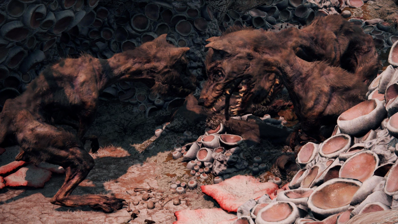Three monstrous dogs with razor-sharp teeth and enlarged heads crouch amongst an outcrop of pink-grey coral-like rocks.