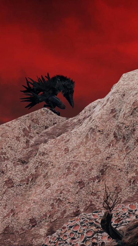 A large black bird with an oversized beak perches on the ridge-line at the top of a variegated pink cliff. The sky beyond is a deep scarlet.