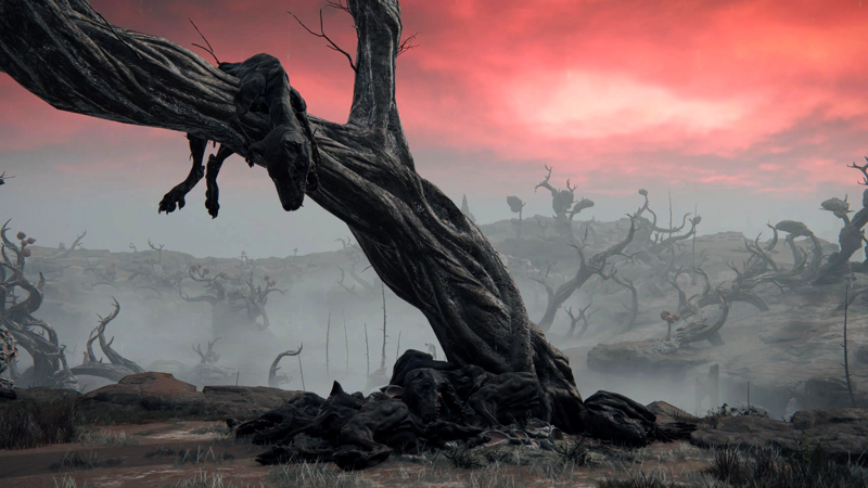 A twisted and warped tree, growing towards the top-left-corner. A pile of monstrous dog corpses prop up the base of the trunk, and a single dog lies draped over the upper trunk, as if flung there by some colossal impact. The sky is pink, but the landscape is washed in grey mist.