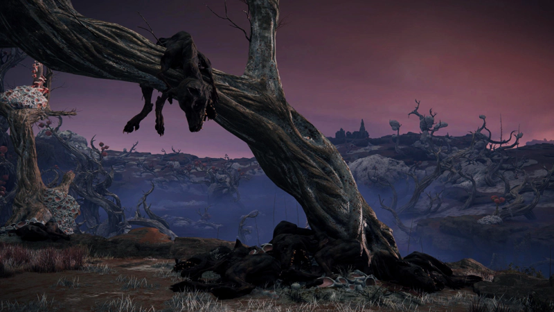 A twisted tree surrounded by monstrous dog corpses, at night. The scene feels sad and muted beneath a pale pink sky and suffused by blue-purple mist.