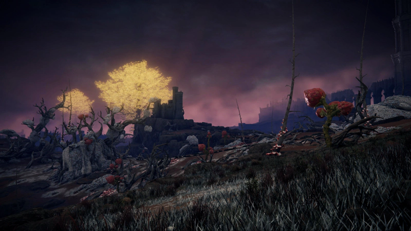 The slopes of Caelid at night. The sky fades from deep purple to a distant pale pink, above the grey towers of a keep. The foreground is slopes of grey-green grass, interspersed with strange trees budding with strange red protrusions.