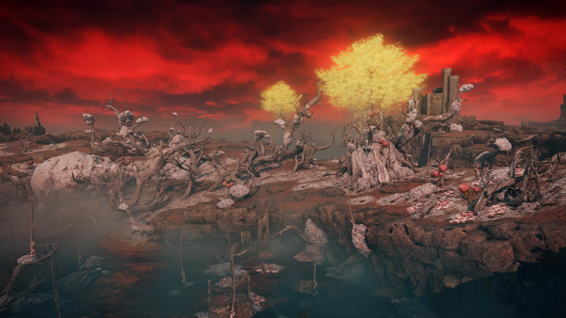 A view from a high vantage point, across a grimy-red swamp and a clifftop scattered with grey-pink lesions, twisted trees and upsetting red blossoms. A pair of minor erdtrees rise into a crimson sky behind a fort with multiple towers.
