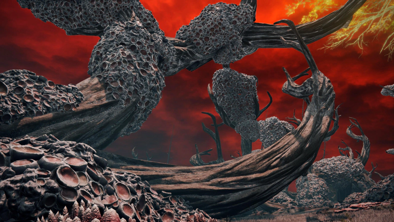 A succession of sweeping tree-trunks, heavy with red-pink lesions, winding and spiralling around each other as they struggle to reach towards the scarlet clouds.