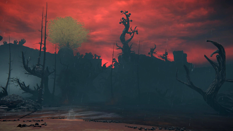 A pale pink beach at the edge of the swamp of Aeonia, looking out across the dark water into the gloom beyond and a distant cliffline topped with corrupted trees. A single spectral figure sits at the water's edge, facing the swamp.