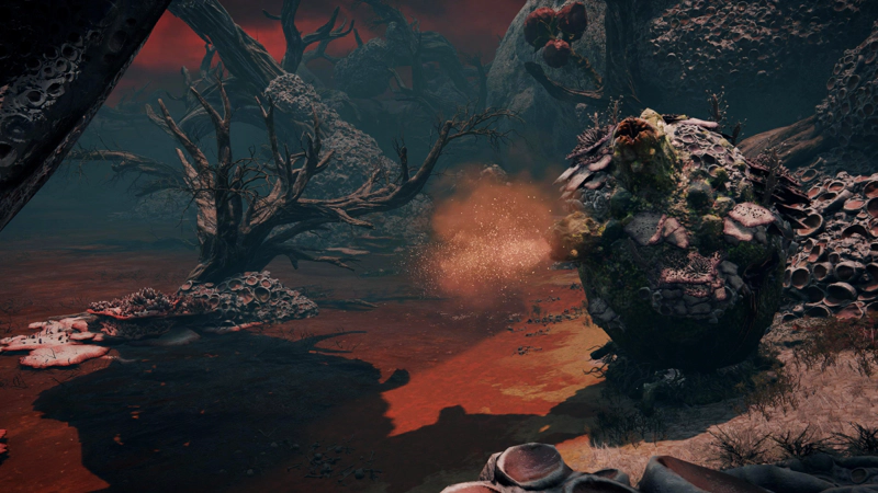 A large corrupted filter-feeder, standing at the edge of the swamp waters. It shuffles back and forth on a single foot, and it is in the process of expelling a deadly pink mist from one of its many siphons.