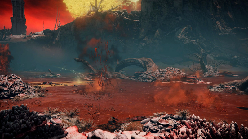 A shard of grace shines on a sand bank in the midst of the dirty red swamp waters, partially obscured by an eruption of swamp gas and poisonous waters.