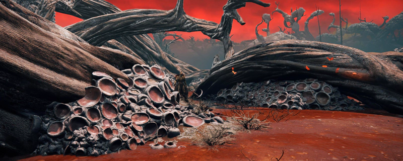 A knight in golden armour emerges from behind a corrupted tree at the heart of the swamp. Red-winged butterflies flock above the red waters, beneath the scarlet sky.