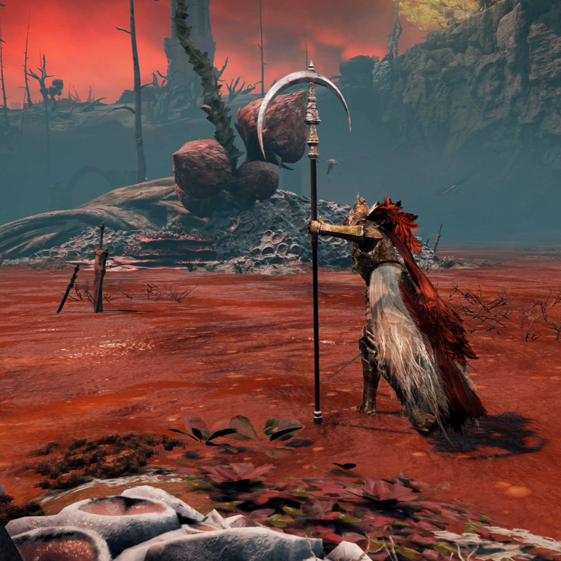 A knight - armoured in gold and with a ragged red cape, and carrying a long-hafted silver scythe - strides through rot-red swamp waters.
