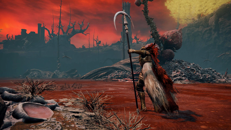 A gold-armoured knight with a silver scythe strides through rot-red swamp waters towards a distant fort, silhouetted against the sky.