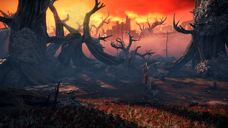 A glade of sunlit red flowers in the heart of a swamp of pink mist and misshapen trees. A man in ragged armour stands at the lowest point; he carries a large spear wrapped in a red banner.