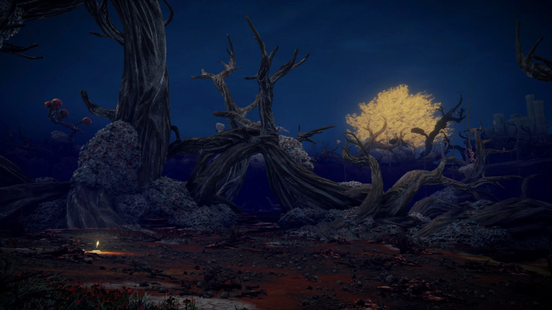 A red-streaked glade lit by a shard of grace, at night. The twisted trees reach into the blue-purple sky, and in the far distance, a golden erdtree cuts through the gloom.