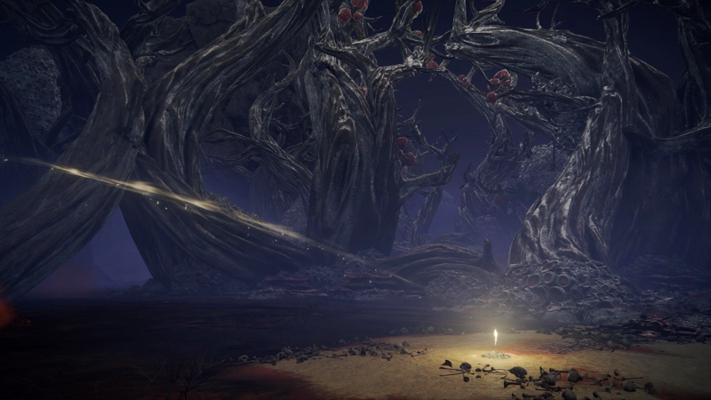 A golden arc leading to a shining shard of grace, on a sandy bank amidst the swamp. It is night-time, and the red-pink rot and the twisted trees are cast in shades of gentle lilac.