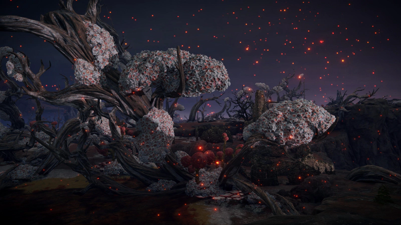 A purple night, speckled with glowing red embers. A splayed, tormented tree heavy with ossified rot, glows in the unending light of the Erdtree.