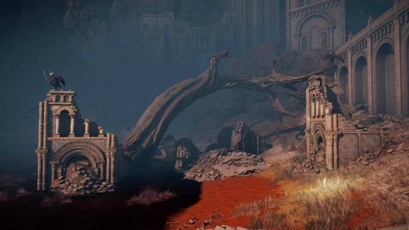 Two broken down stone buildings, rising from the edge of the swamp, with a twisted tree reaching between them. Bird-like mannekins carrying cutlasses perch on the masonry, and a shard of grace glows from amidst the dying grass.