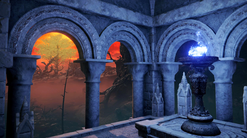 The interior of a stone tower, its arches lit vibrant blue by a flame on a stone brazier. Beyond the arches, the landscape is rotten with pink mist, and a minor erdtree stands gold against an orange sky.