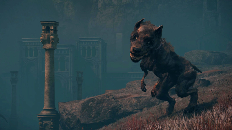 A monstrous dog stands guard in front of a stone gatehouse. It has a collar of jagged metal, and is looking towards the camera with curiosity.