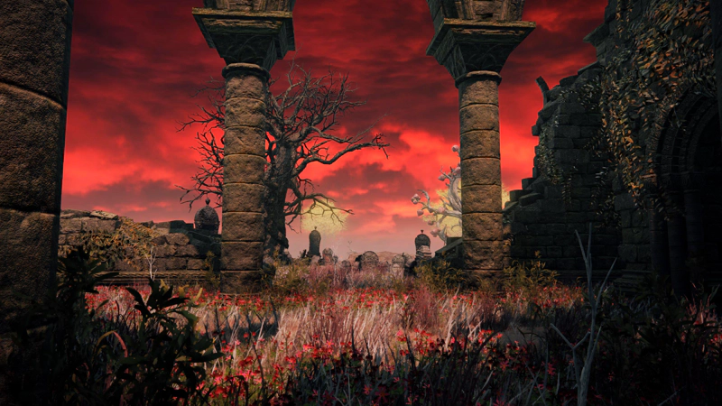 A broken down church, beneath crimson skies. Weathered stone pillars still stand tall, but the floor is overrun with red wildflowers.