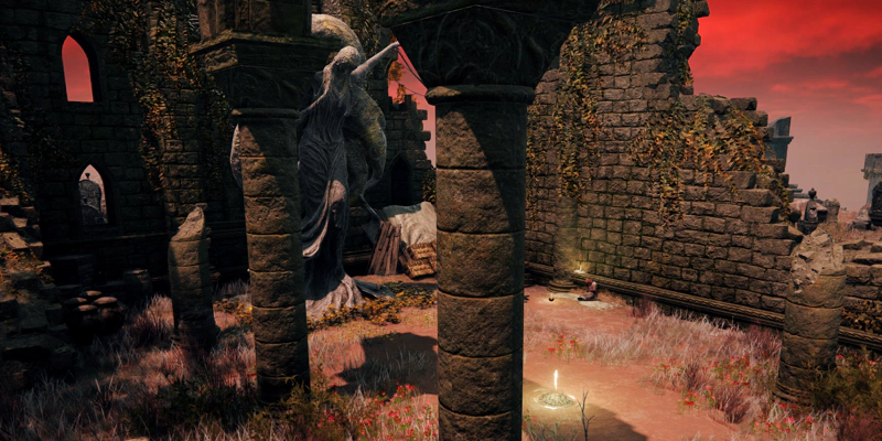 A broken down church, beneath crimson skies. A statue of Marika, her arms cruciform, looks down upon the body of a woman with red hair and rotten limbs, resting near a shard of grace.