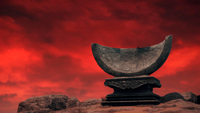A ceremonial stone hemisphere, on a pedestal beneath blood-red skies.