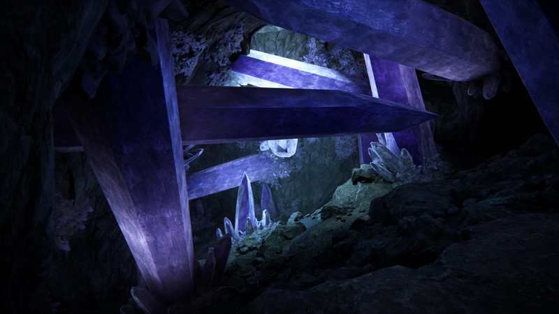 A cave full of purple crystals, lit from above by a shaft of white light.