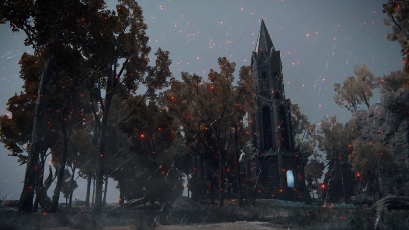 A sorceror's tower, battered by rain and shrouded in glowing embers. The doorway is sealed with a magical blue barrier, and the trees lining the path are no longer golden.