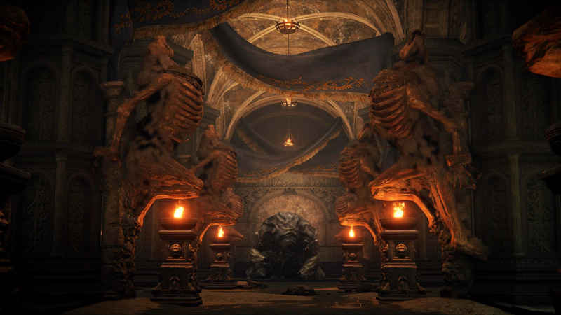 A bestial sanctum, lit with flaming braziers and decorated with embroidered blue fabric and statues of beasts, their backs arched. At the heart of the sanctum sits a massive figure, drowned in grey robes.
