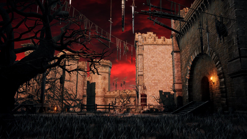 A red-brick castle courtyard, looking past bare trees and dying grass to a cluster of bodies hung from scaffolds on the ramparts. To the right, a burning torch burns beside an arched doorway, and above, swords dangle like bunting.