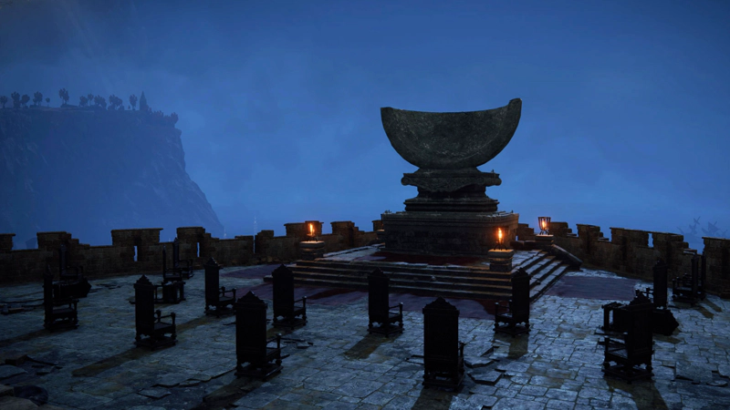 An arrangement of ceremonial chairs arrayed around a stone hemisphere atop a large pedestal, on the edge of the castle battlements. The sky is variegated shades of twilight blue.