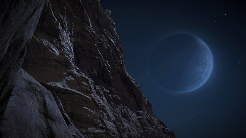A grey cliff-face cutting vertically across the left of the scene, and the moon, glowing with a gentle blue light to the right.