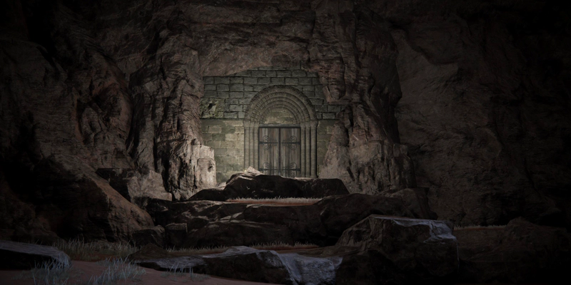 A small archway set into a jagged cliff, with a pair of wooden doors leading into the mountain. A white light shines from below, lighting the rough terraces leading up to the archway.