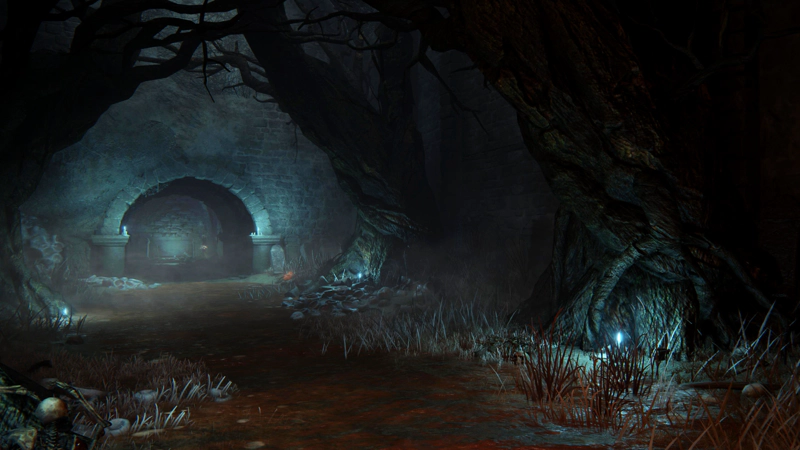 An underground patch of red-rot swamp lit by piercing blue candles. Trees reach upwards, grasping towards any hint of light, and at the far side of the room, an arched passageway leads deeper in.