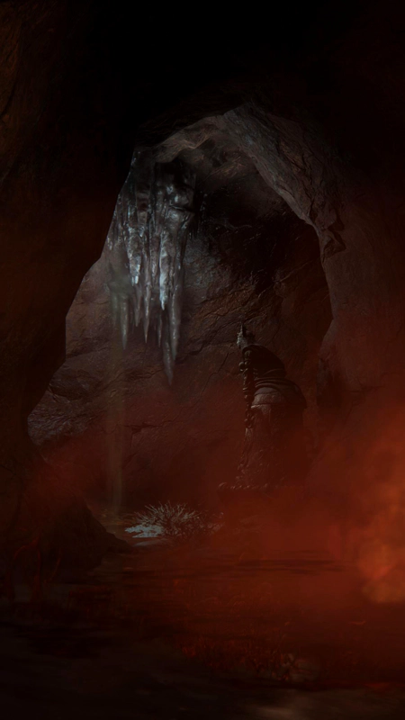 A dark cave, partially obscured by red mist. Beyond the mist, a mechanical figure with chained arms lurks amidst the swampwater.