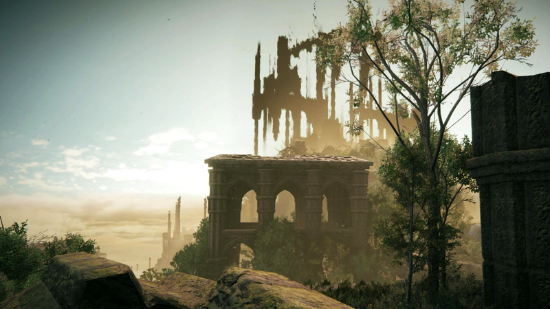 An early-morning view across ruined stone buildings surrounded by trees, towards an ill-defined city of shadows and spirals rising high into the dawn light.