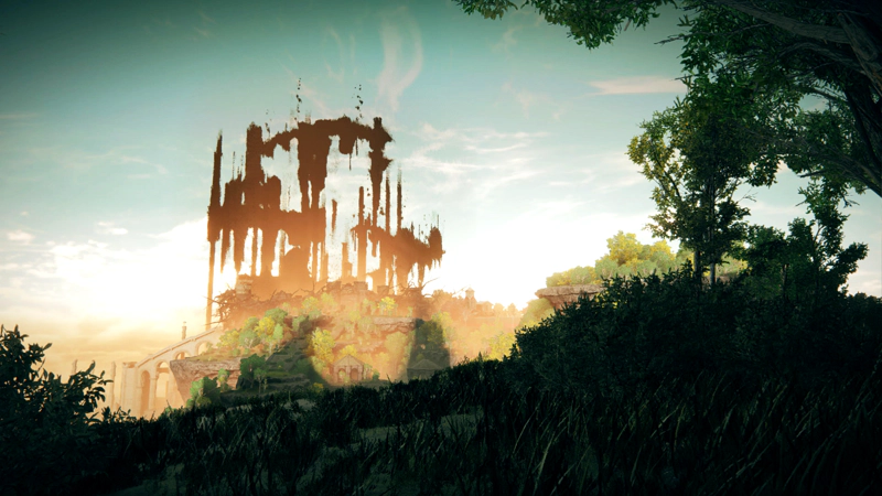 A grassy bank beneath a leafy green tree, cast in shadow. In the distance, golden sunlight washes a forest of deciduous trees and ancient ruins, and an arc of pale stone leads up to a shadowed city against a pale blue sky.