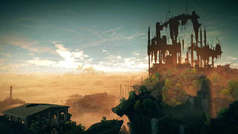 A view from a high cliff towards a far horizon; above the sky is blue with wispy white clouds. below, low fog rises orange in the sunrise. A sweep of forested cliffs topped with ruined temples leads from bottom-left to mid-right where the sunlight casts them in shades of orange, and a city of spiralling shadows rises up the right-hand side.