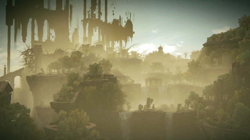 A misty forest atop a series of rising cliffs. Arched ruins emerge from the mist, and to the left a series of stone towers are pierced with silhouetted thorns. The sky is washed out, and to the left the sky is filled with a dark city.