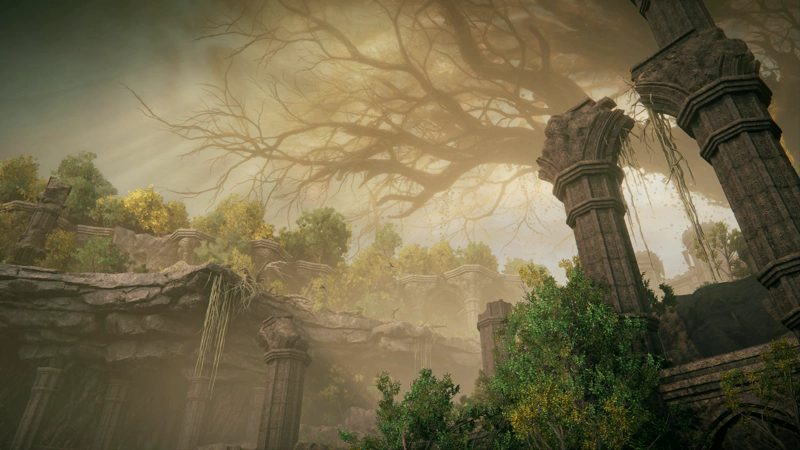 A shattered archway between two octagonal columns rises from scattered foliage beneath the stretching branches of the Scadutree high above. To the left, tree-roots dangle from a cliffside supported by more columns, and a scattered green treeline runs across the midline of the scene.