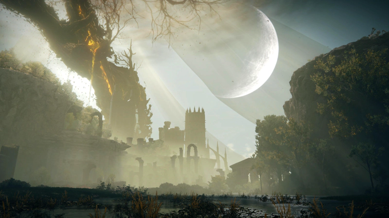 A low shot across a shallow lake on a ruined plateau. To the left and right, forested clifftops curve up to the upper corners, while in the space between, ruined arches frame the distant edifice of the Shadow Keep. The Scadutree leans overhead, weeping golden sap, and diaphanous veils hang heavy across the sky and the large moon beyond.