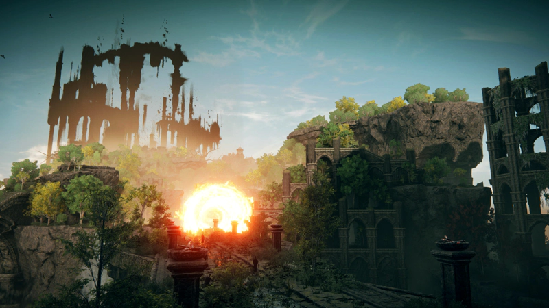 A narrow stone causeway leading to arched ruins set into a forested cliffside. A torrent of searing-orange flame is rushing across the causeway towards the camera. Above, the shadowed city hangs in a cyan sky.