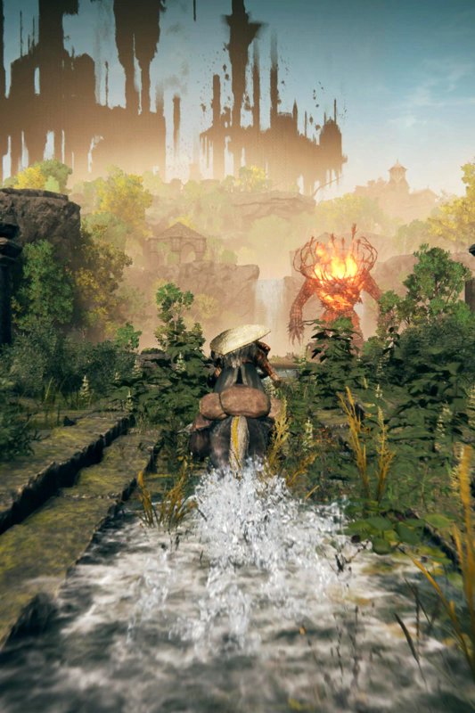 Gille the Confessor urges her horse across an overgrown stone aqueduct - its hooves splashing in the narrow stream at its centre - towards a flaming golem at the far side. The ruins beyond are clothed in pink mist, beneath a city of spiralling shadows.
