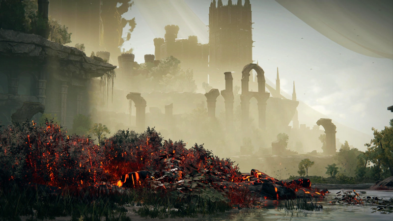 A patch of burned paradise in a shallow grey lake; the ground is recently scorched, the rocks still glowing magma-orange from the heat. Beyong, arched ruins rise out of a pale mist, and in the distance the Shadow Keep towers above.