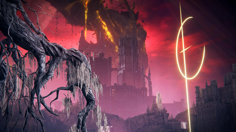 A twisted old tree and a golden cross-and-sickle stand against a blood-red sky. The Shadow Keep rises black and multi-tiered beneath the looming black and gold of the Scadutree.