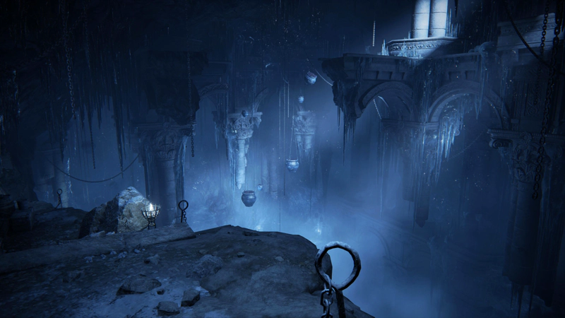 An ice-encrusted gaol beneath ancient ruins. Iron rings emerge from the stonework, anchors for chains which suspend ceramic pots over the icy abyss. A shaft of moonlight sweeps in from the top-right, across ornate columns and long icicles.