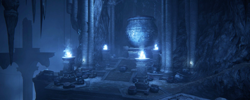 A large cermonial altar deep underground, topped with a vast ceramic pot. A flight of stairs lead up to the altar, past four piercing-white flames atop stone braziers, and a variety of other pots. Stairs lead up the cavern wall to the right, and to the left, the floor drops away into mist and silhouette.