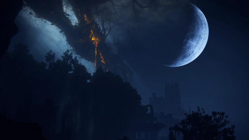 A view from a forest at night, up towards the tangled black-and-gold of the Scadutree and a vast crescent moon hanging in a dark sky. Beneath the moon, the Shadow Keep looms, and a rising cliff-line topped with tree silhouettes rises to the left.