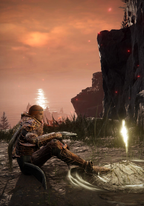 Gille the Confessor sits beside a shining shard of Grace atop a cliff, in the golden light of dawn. Her hair is red and her armor is ornately carved with bone-like whorls.
