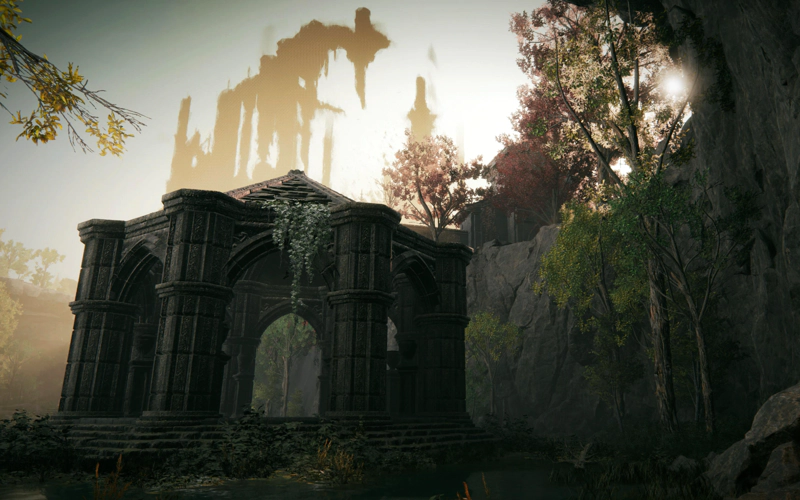An octagonal stone building in the midst of a lake, with each side an open archway. Vines cascade down from a shattered roof over the nearest opening, and the steps at the base of the structure are worn and tangled with weeds. A grey cliff curves around from the right, topped with red-leaved trees, and in the sky above, a city hangs obscured by shadow.