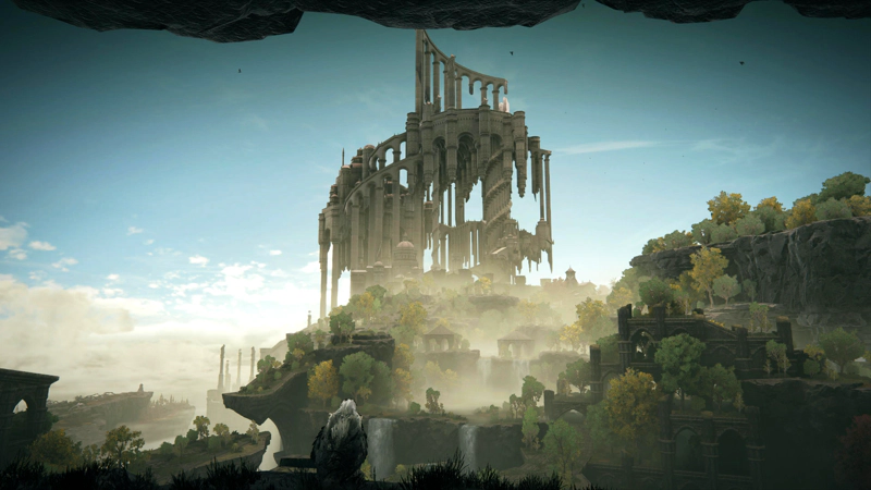 A view across paradise from within a cliffside alcove, looking down over lush green foliage, waterfalls, grey cliffs and ruined structures emerging from pale pink cloud. Rising above the forest is a majestic city of spirally white stone, bright in the morning light. In the foreground, an eagle looks out across the scene, unperturbed.